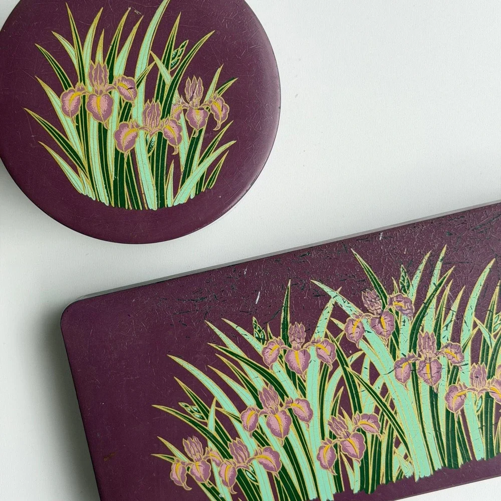 Vintage Toyo Iris Lacquer Ware Trinket Box Set Purple Floral Japan